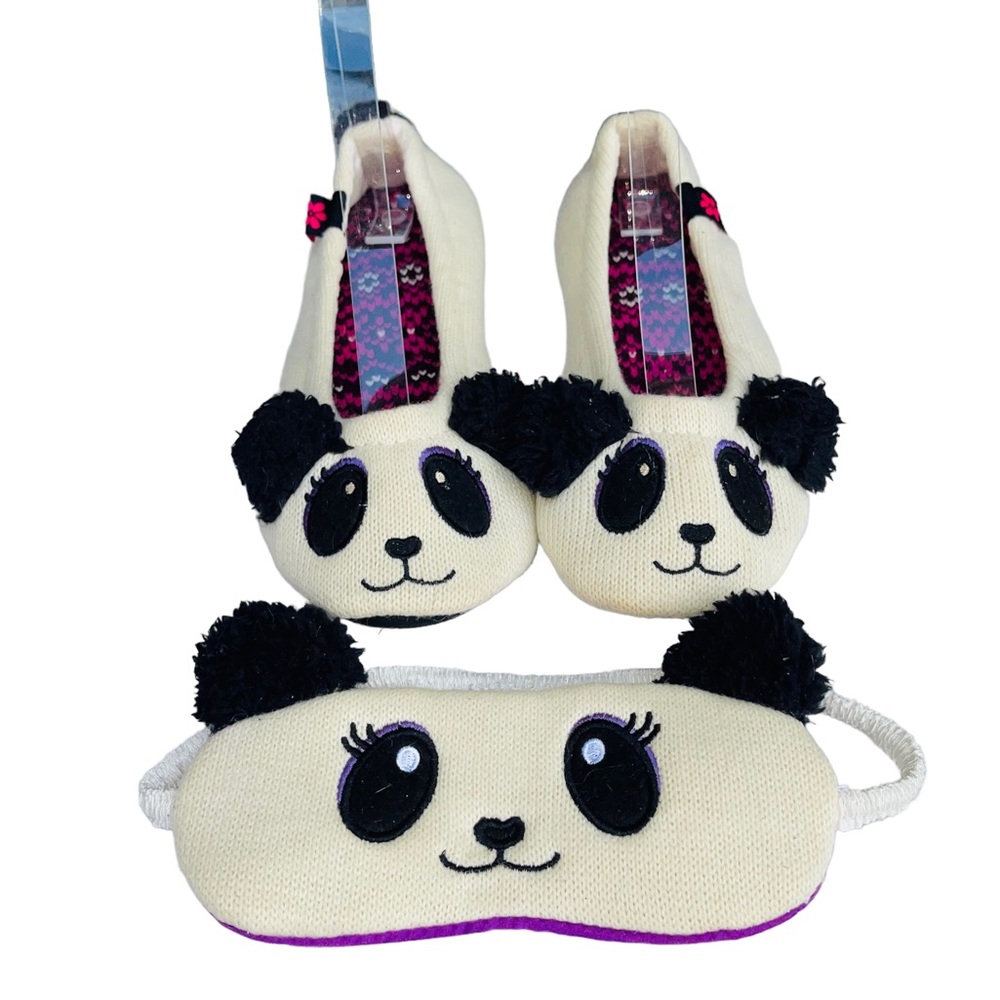 Foot Petals Black & White Dog Slippers & Eye Mask Slip on Size 5 or 6